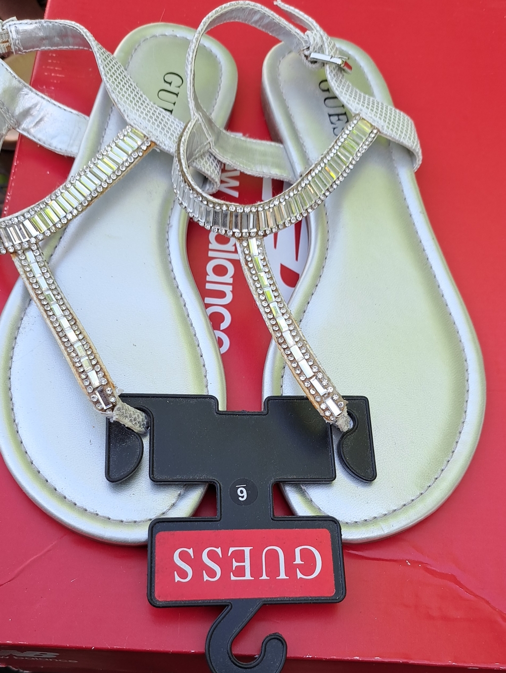 Guess Silver Metallic T-Strap Jeweled Sandals